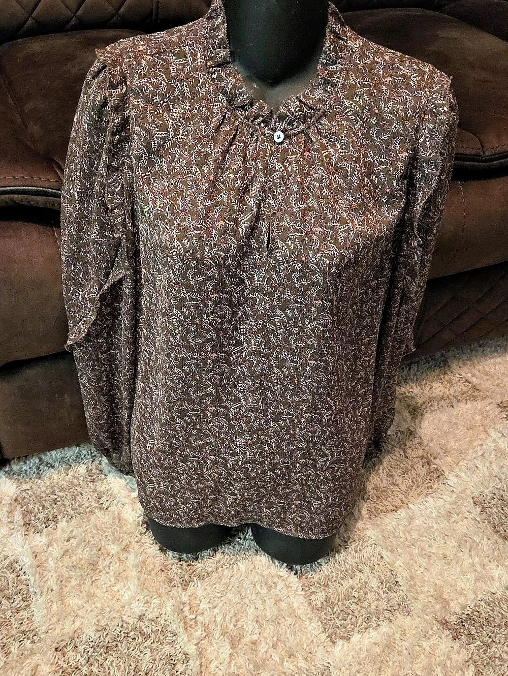 Loft Floral Long Sleeve Blouse in Brown Large